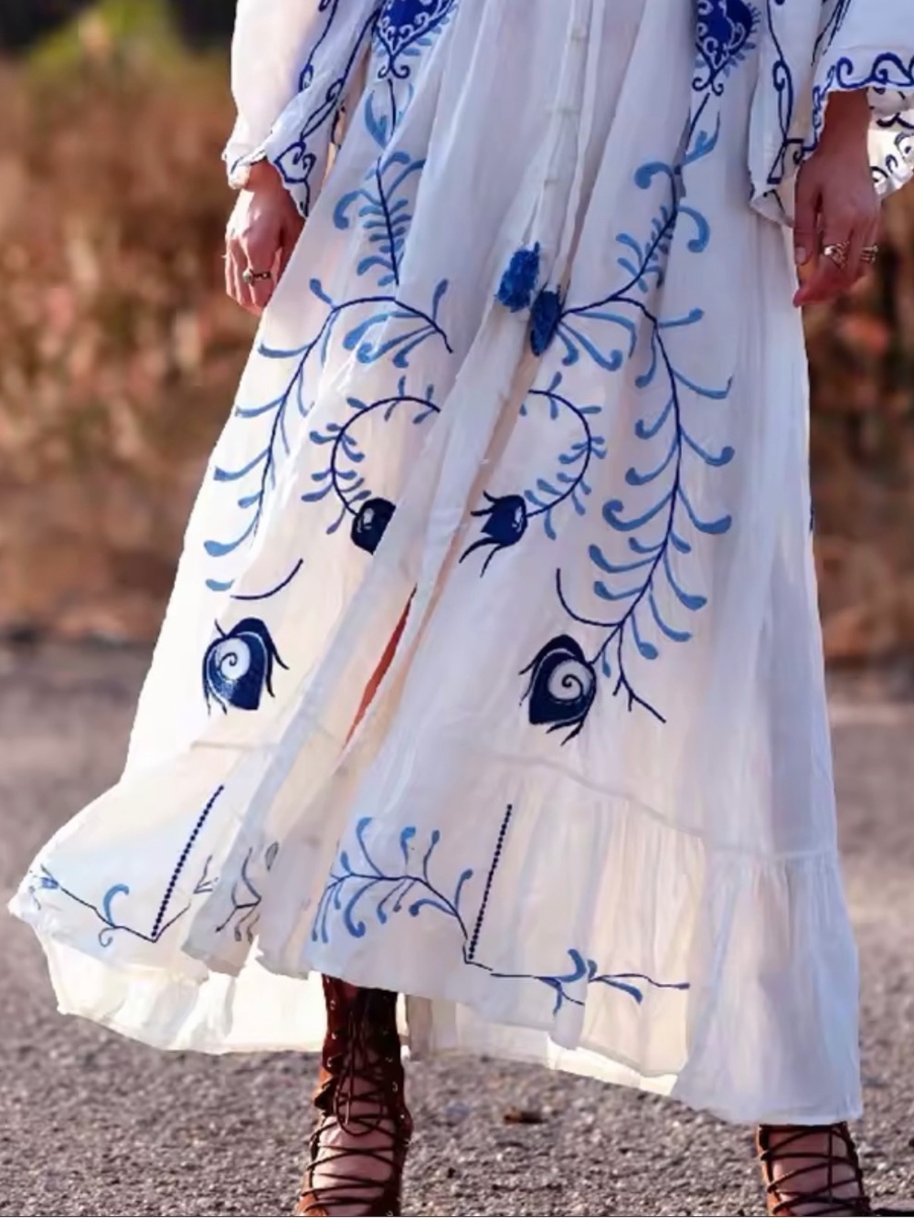 New White Blue Floral Embroidered Boho Maxi Dress Festival Wedding Maternity XL - Picture 5 of 11